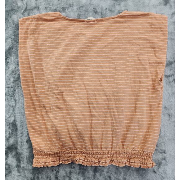 ANA Top Womens L Orange White Striped Scoop Neck Cap Sleeve Smocked Hem Stretch - Picture 2 of 8